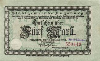 Német Birodalom/Weimari Köztársaság/Erkelenz 1918.11.12. 5M T:I- + Német Birodalom/Császárság/Augsburg 1918.10.15. 5M, 10M hivatalos érvénytelenítéssel T:II,II-