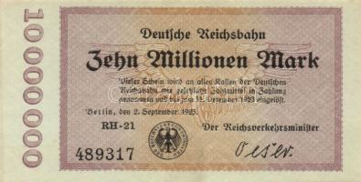 Német Birodalom/Weimari Köztársaság/Német Birodalmi Vasutak/Berlin 1923. 10.000.000M T:I- + Német Bi...