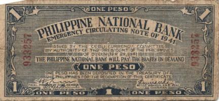 Fülöp-Szigetek / II. Világháborús megszállás alatti szükségpénzek / Cebu /Negros /Mindanao 1941. 1P T:III  + 1944. 20P (2x) barna papír D1 és D2 sorozat T:III + 1944. 1P (2x) egyik "V5" T:II,III