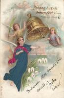 2 db szép kidolgozású régi Üdvözlőlap litográf, textildíszítéses és dombornyomásos technikával a századforduló éveiből