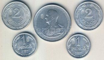 1941-43. 1P (2x) + 2P (2x) + 5P mindegyik koronás-címeres ellenjeggyel T:2,3