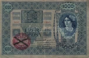 1902. 1000K 2klf ellenbélyegzővel: (hamis?)piros "Magyarország" körbélyegző Andráskeresztes fny-sal, "Stempel wurde von..." osztrák bélyegzővel T:III-