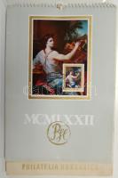 1972 Szépművészeti múzeum kincsei Philatelia Hungarica falinaptár alkalmi bélyegzésekkel és bélyegekkel