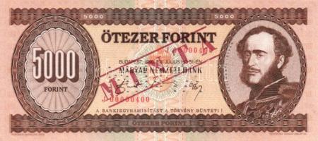 1990. 5000Ft "MINTA" perforációval és felülnyomással "J 00000400" sorozatszámmal!! T:I