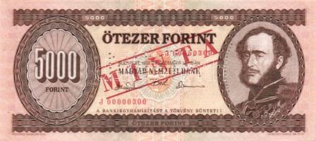 1993. 5000Ft "MINTA" perforációval és felülnyomással "J 00000300" sorozatszámmal!! T:I