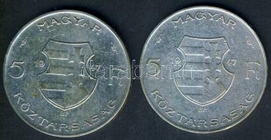 1947. 5Ft Ag (2x) "Kossuth" T:2- ph