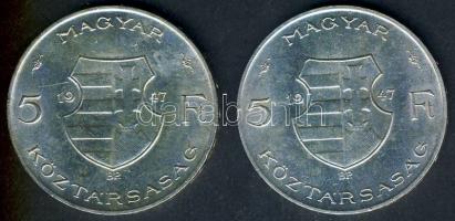 1947. 5Ft Ag (2x) "Kossuth" T:2 apró ph