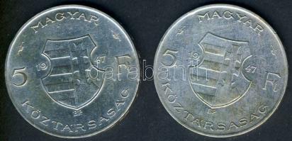 1947. 5Ft Ag (2x) "Kossuth" T:2-,3 ph