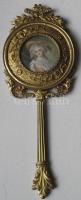 Aranyozott réz kézitükör a hátán jelzett miniatúrával / Gold plated copper mirror with signed miniat...