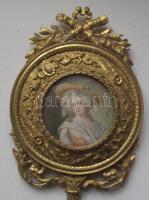 Aranyozott réz kézitükör a hátán jelzett miniatúrával / Gold plated copper mirror with signed miniat...