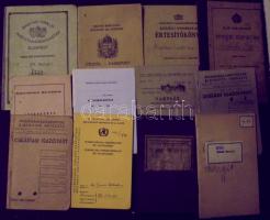 1930-1970 12 darabos okmány-tétel, benne betétkönyv, iskolai értesítők, munkakönyv és 1930-as lágyborítójú útlevél