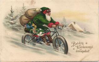 Christmas, Santa motorcycle litho