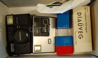 Vegyes régi fotótétel 2 db kamera, diák, negatívok, diaüveg