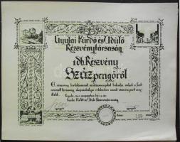 1943. Gyulai Fürdő és Üdülő Részvénytársaság részvénye 100P-ről szelvényekkel