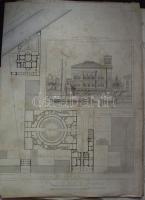 20 darabos régi papírtétel: tervrajzok, grafikák, metszet, kőnyomat