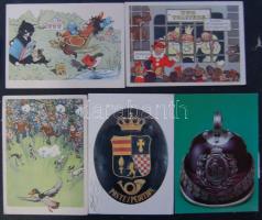 46 db vegyes régi motívumlap: mese, reklám, posta, tűzoltó, zászló, címer és üdvözlőlapok