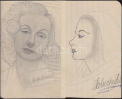 Régi színész rajzok, összesen 38db- magyar és külföldi híres színésznő (Mezey Mária, Szeleczky Zita, Karádi Katalin, Marlene Dietrich, Greta Garbo stb.)