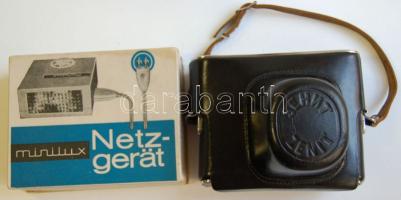 Zenit E fényképező tokkal és Minilux villanó eredeti dobozban és leírással