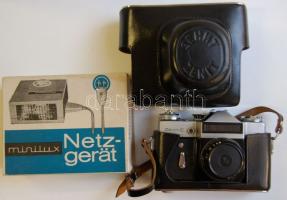 Zenit E fényképező tokkal és Minilux villanó eredeti dobozban és leírással