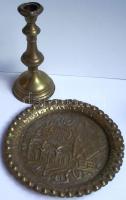Réz gyertyatartó 18cm és réz tál török motívummal / copper candle-holder and copper plate with turkish motives