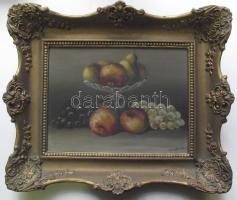 cca 1900 Mesterházy Dénes: Gyümölcs csendélet, olaj-farost, jelzett, szép keretben 34x45 cm