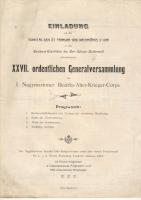 1910 Meghívó Nagymartoni Régi Kerületi Harcosok gyűlésére német nyelven; Kohn nyomdája / Einladung zu der XXVII. ordentlichen Generalversammlung des I. Nagymartoner Bezirks-Alter-Krieger-Corps