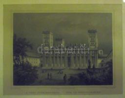 cca 1840 Rohbock: Pécsi székesegyház acélmetszet üvegezett keretben 33x26 cm