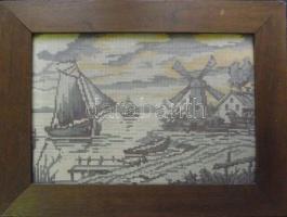 Szélmalom és tengerpart goblein üvegezett keretben 54x40 cm