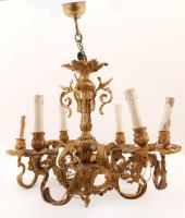 XX. sz. eleje: Aranyozott sárgaréz 6 karos csillár (egy kar törött, de javítható) 50 cm magas / Chan...