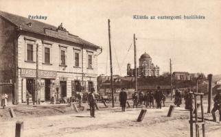 Párkány with the shops of Nagy & Szabó and Mór Steiner, view to the Esztergom cathedral