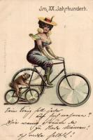 Twentieth Century, lady on a bike litho