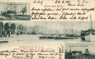 1900 Torpedoboote 87, 88, 89 etc. Anlegen bei Germersheim, Restauration zum Vater-Rhein; Verlag von Eugen Mayer / German torpedo ships on the river Rhein with restaurants