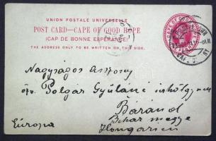 1901 Díjjegyes képeslap Cape Townból Bárándra, az üzenetben a búr háborúra történő utalással / PS ca...