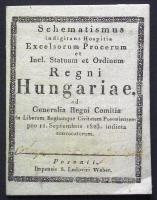 Schematismus ...Regni Hungariae, ad Generalia Regni Comitia in liberam reiamque civitatem Posoniensem pro 11. Septembris 1825. indicta convocatorum, Az 1825-ös országygyűlésre kiadott schematismus táblázatos formában tartalmazza a megyei kiküldöttek nevét és pontos szállását Pozsony, Weber, 1825, 32p. szép állapotban / The Schematismus includes the names and exact adresses of the delegates to the Parliament. Nice condition 32p.