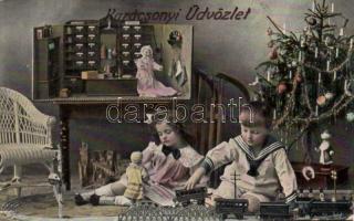 Christmas, children with toy train