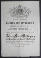 1893 gróf Batthyány Lajos, Fiume és horvát Tengermellék kormányzója, a Magyar Királyi Fiumei Tengerészeti hatóság elnökének titkos tanácsosi kinevezési okmánya 3 oldal német nyelven, szakadásokkal, szárazpecséttel / Ornamented warrant in which duke Lajos Batthyány, governor of Fiume and the Croatian Maritime is apponted for secret councillor. 3 pages in German with tears