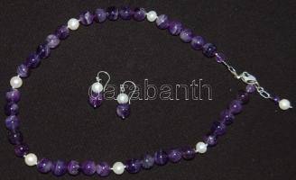 Ametiszt és tenyészett gyöngy nyaklánc ezüst (Ag) szerelékkel hozzávaló fülbevalóval