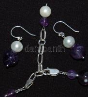 Ametiszt és tenyészett gyöngy nyaklánc ezüst (Ag) szerelékkel hozzávaló fülbevalóval