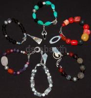 6 db féldrágakő karlánc ezüst (Ag) szerelékkel és díszítéssel: korall, hegyikristály, ametiszt, karneol, stb.