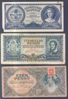 Kis pengő tétel: 1920. 20K + 1930. 100P (5x) + 1941. 20P (2x) + 1945. 500P, 1000P bélyeggel, 10.000....