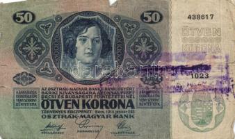 1912. 100K (2x) egyik román körbélyegzővel + 1913. 20K II. Kiadás + 1914. 50K + 1915. 10K (4x) lila ...