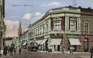 Nagyvárad Rákóczi street with confectionery shop and tram