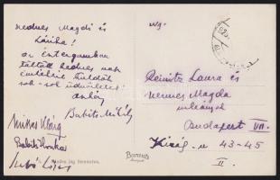 1923 Esztergomi kirándulásról küldött képeslap Babits Mihály, Szabó Lőrinc, Mikes Klára (az Est-lapok irodalmi vezetőjének a lánya), Maleczky Oszkár, Babits Ilonka saját kezű aláírásaival / Autograph singatures of Hungarian poets and opera-singer on postcard