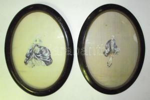 cca 1900  2 db festett selyemkép ovális keretben 20x26 cm