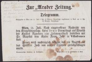 1859.07.11. Német nyelvű távirat szöveg plakát formában az Arader Zeitung-hoz Napóleon és Ferenc József találkozásáról Villafrancában (foltos) ritka!!! / Meeting of Napoleon and Franz Joseph poster of the Arader Zeitung