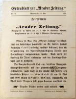 1859.05.25. Német nyelvű távirat szöveg plakát formában az Arader Zeitung-hoz a francia-osztrák csatáról, megemlítve Garibaldit és 6000 katonáját, ritka!!! / Poster of the Arader Zeitung about the Austrian-French battle and Garibaldi