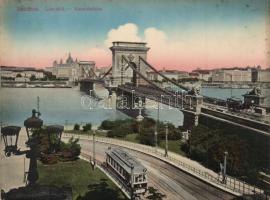 Budapest Lánchíd a 7-es villamossal; hajtatlan nagy méretű képeslap (18 ×14 cm) (fl)