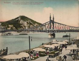 Budapest Ferenc József híd és vásár; hajtatlan nagy méretű képeslap (18 ×14 cm)