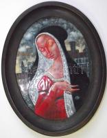 Vágó István: Erzsébet megtudja, hogy gyermeket vár, tűzzománc, szép ovális keretben, 17x21 cm