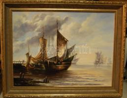 Orbán Csilla (1961-): Halászok, olaj-farost, jelzett, keretben, 73x93 cm